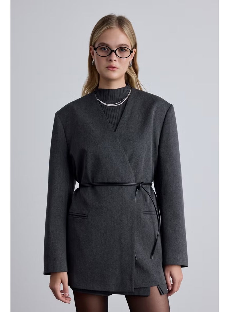 Manuka Classic Look Belted Blazer Jacket Anthracite - Image 1