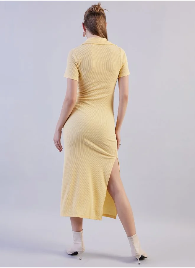 Freehand Women Fitted Casual Solid Long Polo Collar Dress