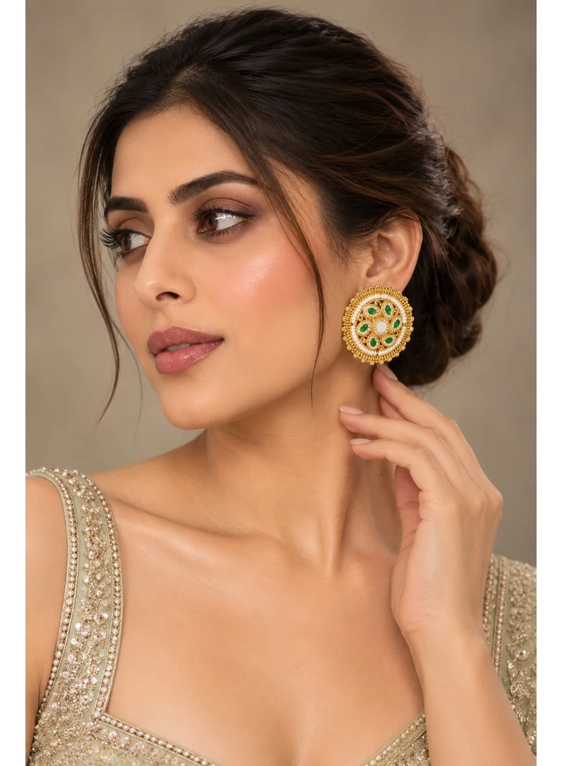 Lehar Green Stone Pearl Bead Round Studs - Gold Tone Indian Traditional Jewelry