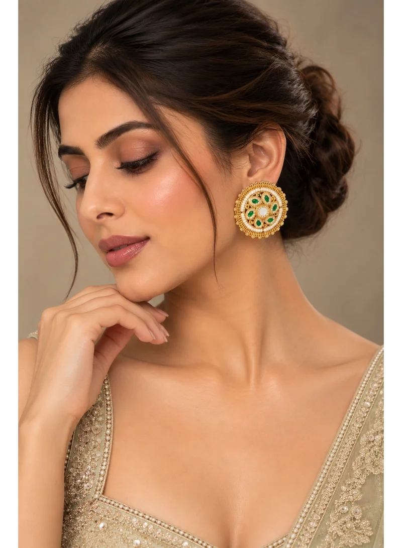 Lehar Green Stone Pearl Bead Round Studs - Gold Tone Indian Traditional Jewelry