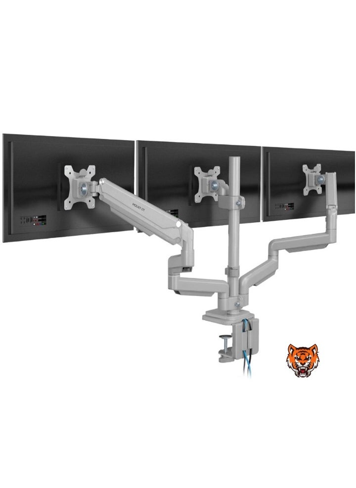 TIGER "Triple Monitor Desk Mount with USB & Audio Ports – Height-Adjustable Stand for 24”-32” Screens, Perfect for Gaming and Office Use"  - Image 1