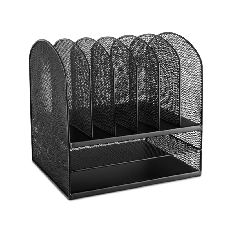 Safco Onyx Desk Organizer 6 Vertical Compartments and 2 Trays Office and Classroom Mailbox Paper and Mail Sorter Steel Mesh Black