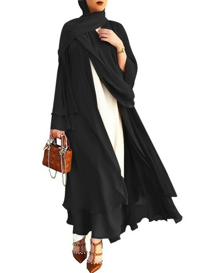 Loquat Women's Solid Color Flared Long-Sleeved Abaya Women's Elegant Long Cardigan Dress Black 