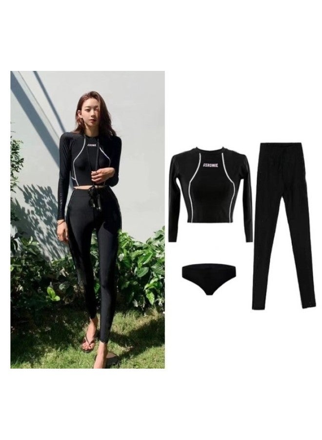 Generic Long-sleeved Surfing Suit Internet-famous Swimsuit Three-piece Sunscreen Hot Summer Split Conservative Slim Women's Clothing-Color:006 # Top + Trousers + Triangle Bottom Pants-Size:XXL  - Image 2