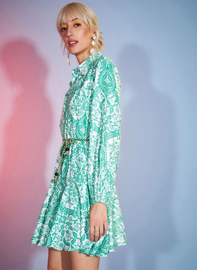 SASSAFRAS Green Ethnic Motifs Print Shirt Dress for Women - Image 3