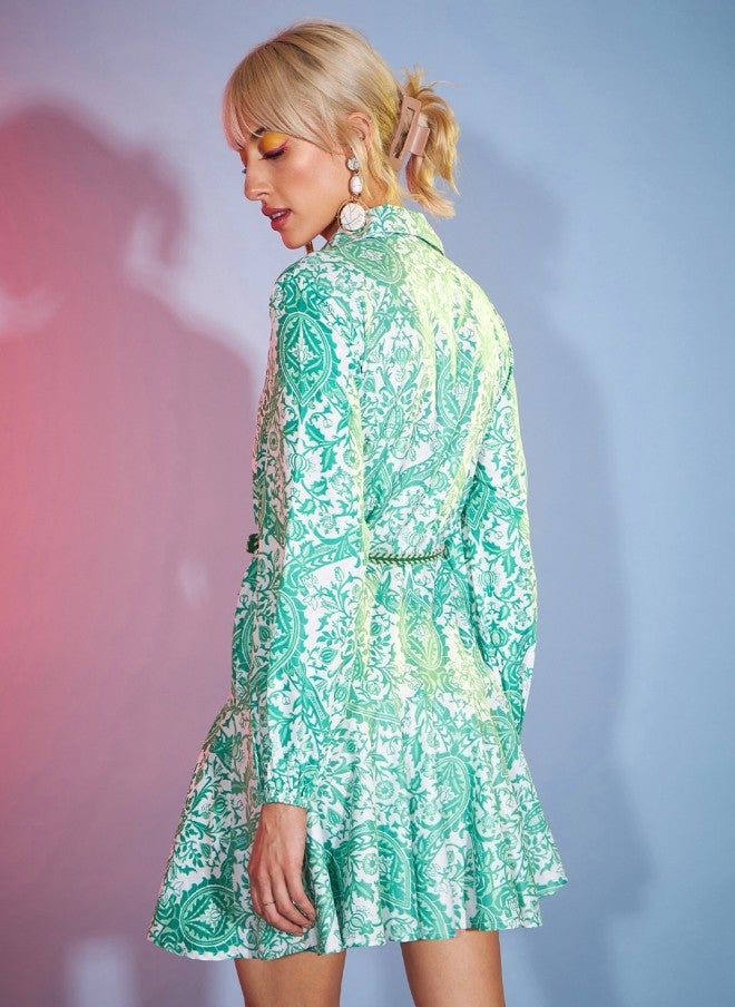 SASSAFRAS Green Ethnic Motifs Print Shirt Dress for Women - Image 4
