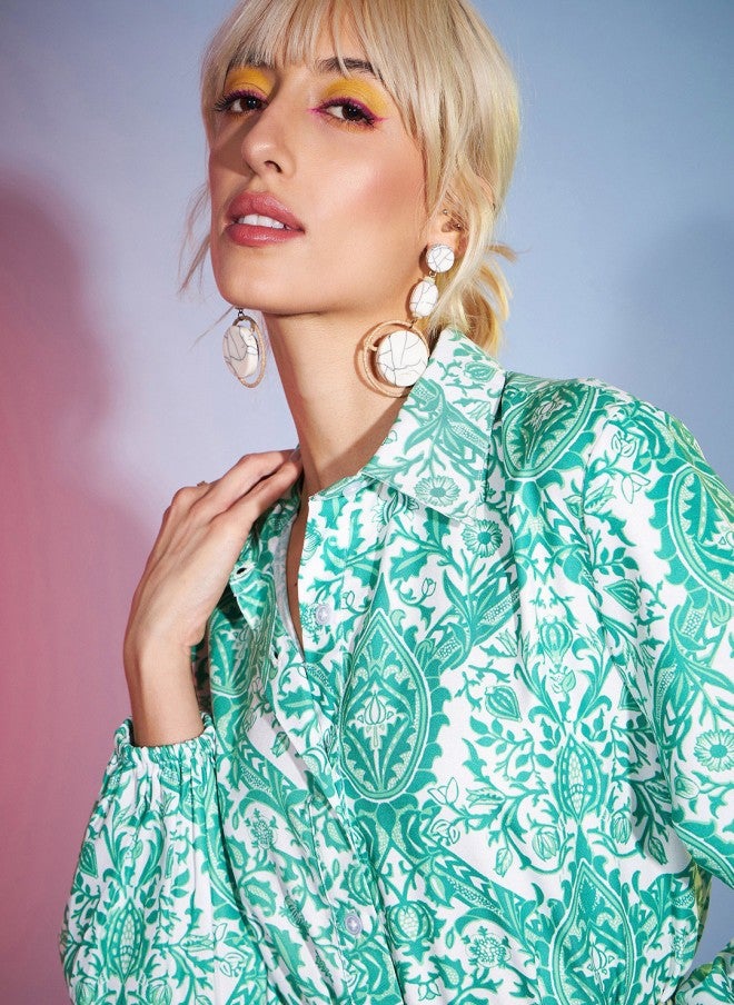 SASSAFRAS Green Ethnic Motifs Print Shirt Dress for Women - Image 2