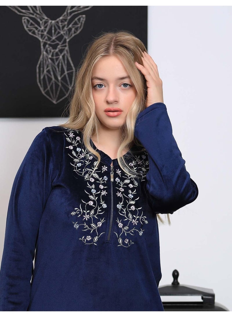 Dadoush Women's long nightgown with elegant embroidery, women's winter velvet abaya from Dadoush, modest maxi house dress for women - Image 2