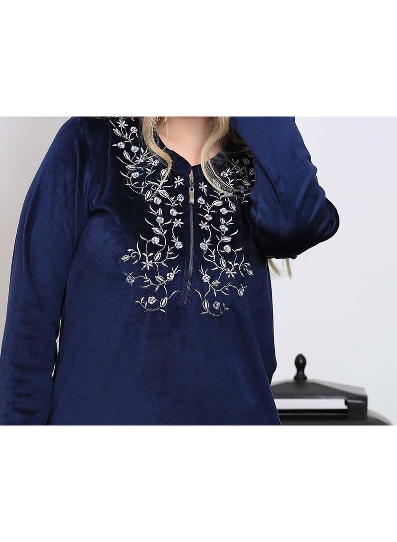 Dadoush Women's long nightgown with elegant embroidery, women's winter velvet abaya from Dadoush, modest maxi house dress for women - Image 3