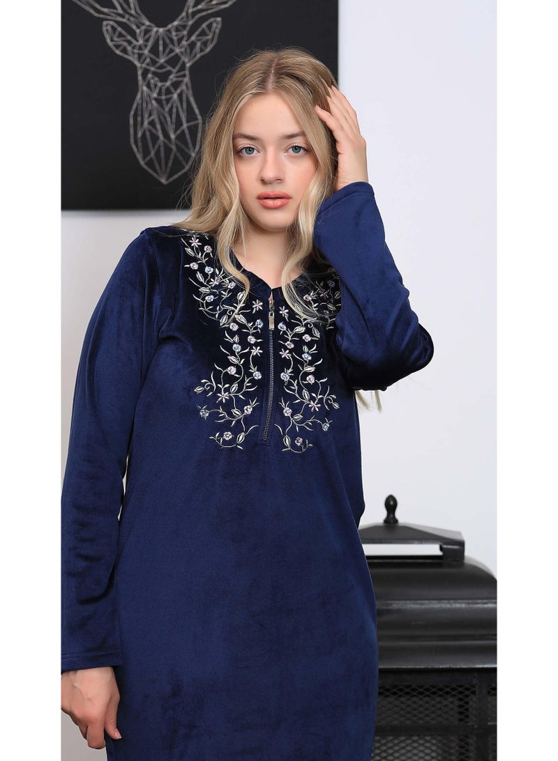 Dadoush Women's long nightgown with elegant embroidery, women's winter velvet abaya from Dadoush, modest maxi house dress for women - Image 4