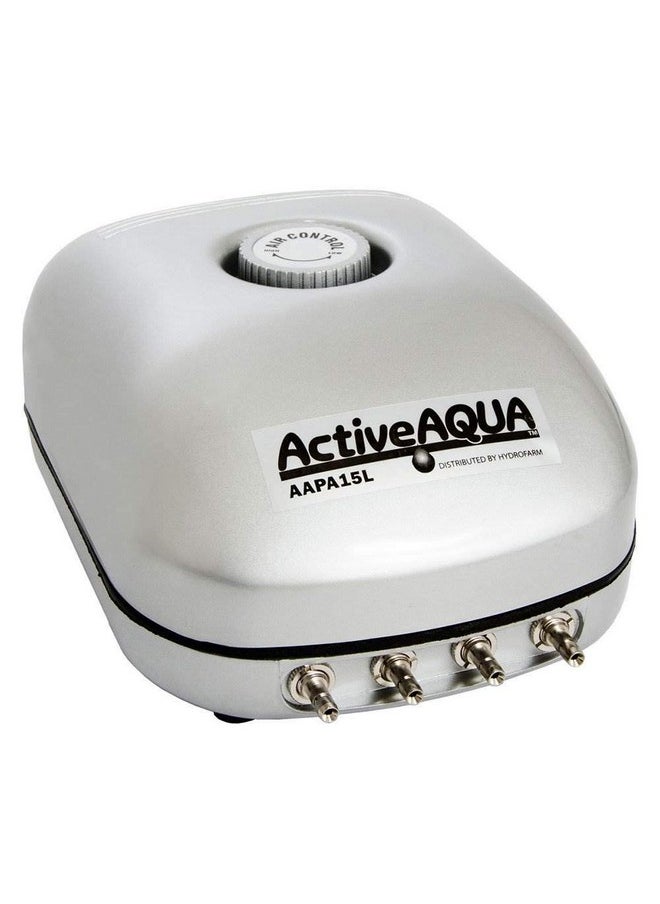 Hydrofarm Aapa15L Active Aqua, 4 Outlets, 6W, 15 L/Min Air Pump, Silver,Grey  - Image 1