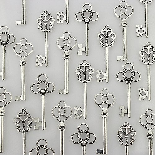 LolliBeads (TM) Antiqued Silver Skeleton Key Sets Tibetan Silver, Filigree Steampunk Keys (30 Pcs) - Image 1
