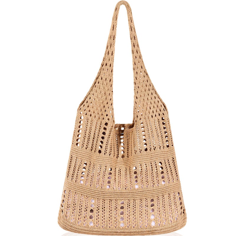 WantGor Crochet Bags, Beach Mesh Tote Bag Womens Shoulder Shopping Handbag Casual Travel Totes Bag Foldable Hobo Bags (Brownish Yellow) - Image 1