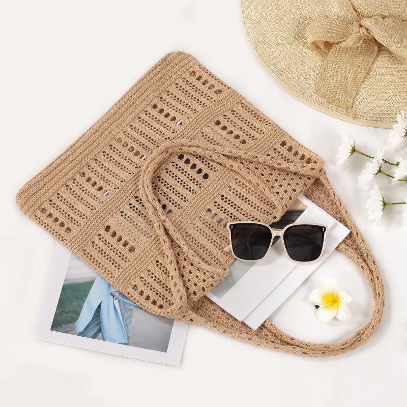 WantGor Crochet Bags, Beach Mesh Tote Bag Womens Shoulder Shopping Handbag Casual Travel Totes Bag Foldable Hobo Bags (Brownish Yellow) - Image 3