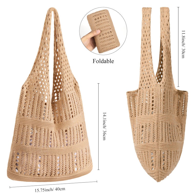 WantGor Crochet Bags, Beach Mesh Tote Bag Womens Shoulder Shopping Handbag Casual Travel Totes Bag Foldable Hobo Bags (Brownish Yellow) - Image 4