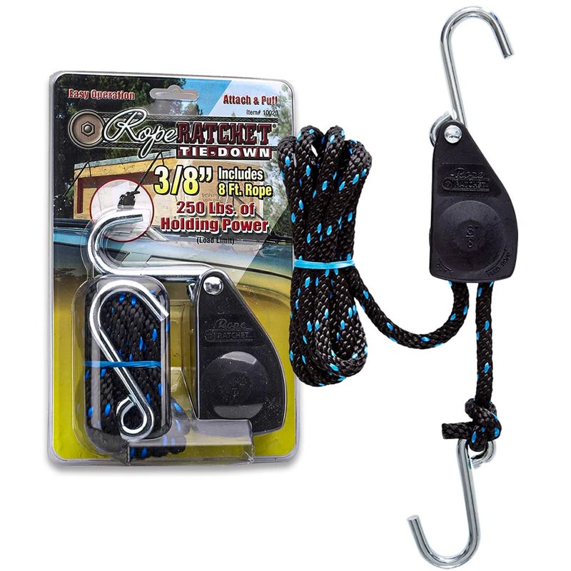 Rope Ratchet سقاطة الحبل - 3/8 بوصة ربط بسقاطة لأسفل كتلة الحبل ونظام بكرة المعالجة حبل رافعة بكرة شماعات مع خطافات 8 حبل من البولي بروبيلين المضفر بسعة 250 رطل - Image 1