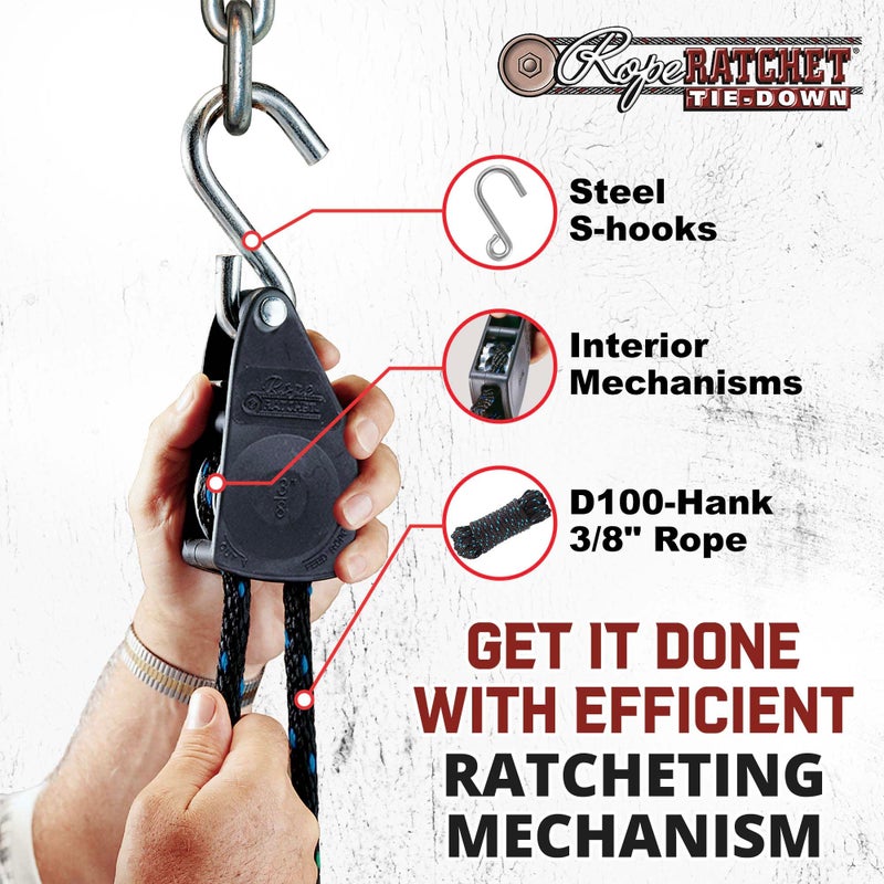Rope Ratchet سقاطة الحبل - 3/8 بوصة ربط بسقاطة لأسفل كتلة الحبل ونظام بكرة المعالجة حبل رافعة بكرة شماعات مع خطافات 8 حبل من البولي بروبيلين المضفر بسعة 250 رطل - Image 5