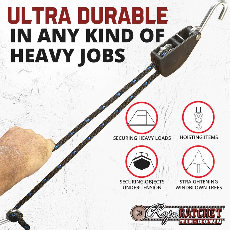 Rope Ratchet سقاطة الحبل - 3/8 بوصة ربط بسقاطة لأسفل كتلة الحبل ونظام بكرة المعالجة حبل رافعة بكرة شماعات مع خطافات 8 حبل من البولي بروبيلين المضفر بسعة 250 رطل - Image 3