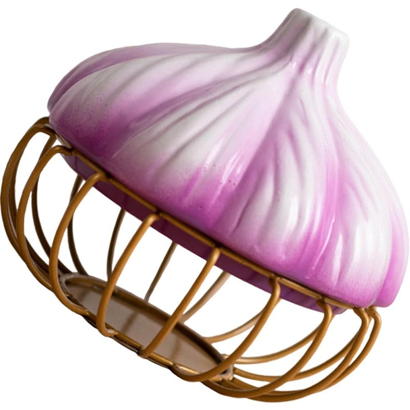 Decorative Purple Gold Iron Garlic Storage Basket With Lid Kitchen Fruit Holder - Image 2