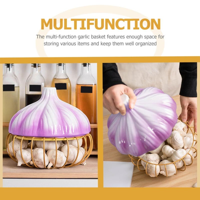 Decorative Purple Gold Iron Garlic Storage Basket With Lid Kitchen Fruit Holder - Image 4