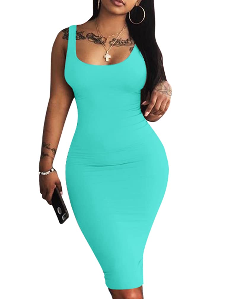 LAGSHIAN Women's Sexy Bodycon Tank Dress Sleeveless Basic Midi Club Dresses Lakeblue - Image 1