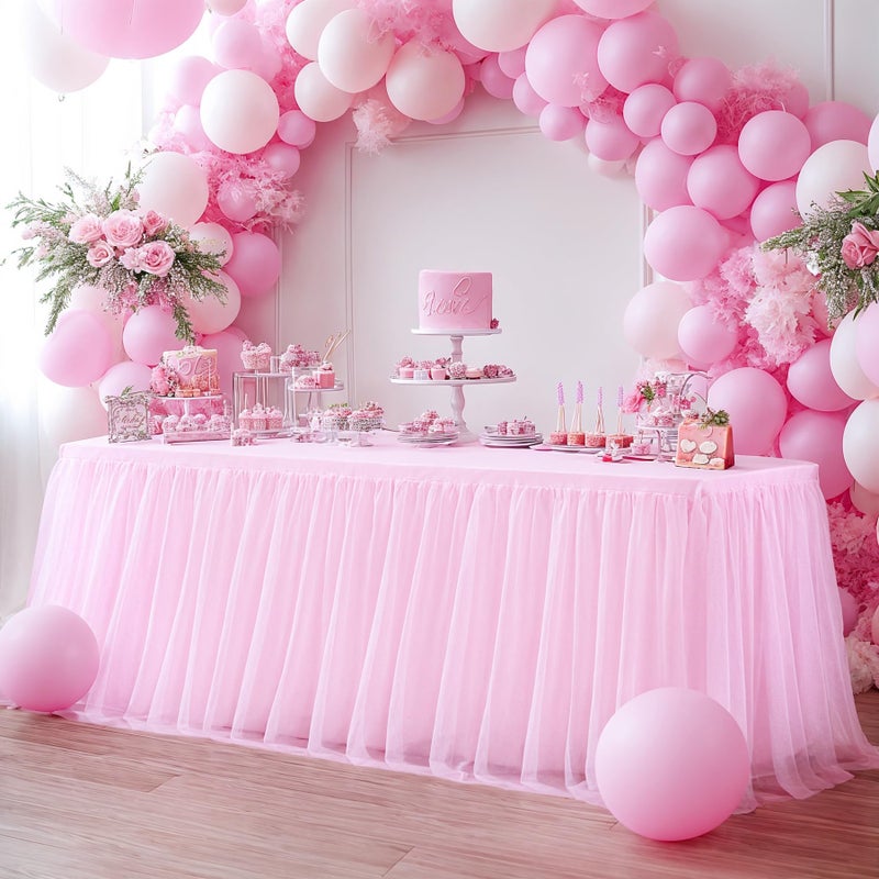 HB HBB MAGIC Pink Table Cloths for Parties Light Pink Tulle Tablecloth Rectangle, Pink Tulle Table Skirt Rectangle Table 6ft Fitted Table Covers Stretch Elastic Banquet Party Baby Shower Wedding Table Cloth 6 Foot - Image 1