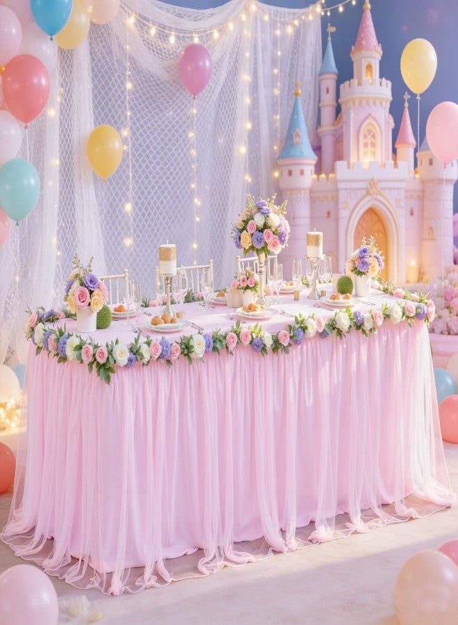 HB HBB MAGIC Pink Table Cloths for Parties Light Pink Tulle Tablecloth Rectangle, Pink Tulle Table Skirt Rectangle Table 6ft Fitted Table Covers Stretch Elastic Banquet Party Baby Shower Wedding Table Cloth 6 Foot - Image 2