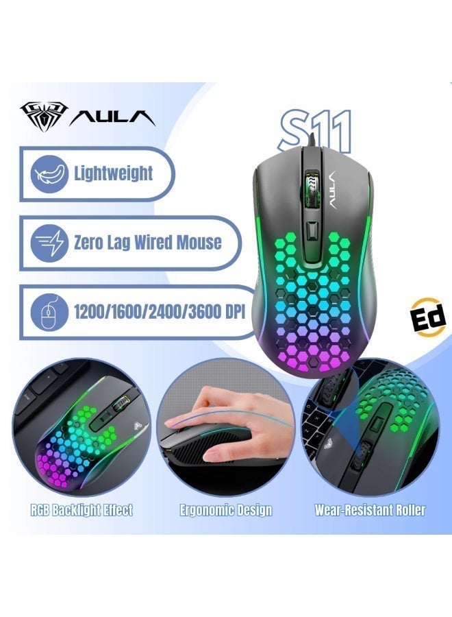 AULA S11 Wired Gaming Mouse – 4 Buttons, RGB Rainbow Backlight, USB Optical Mouse for PC & Laptop - Image 5
