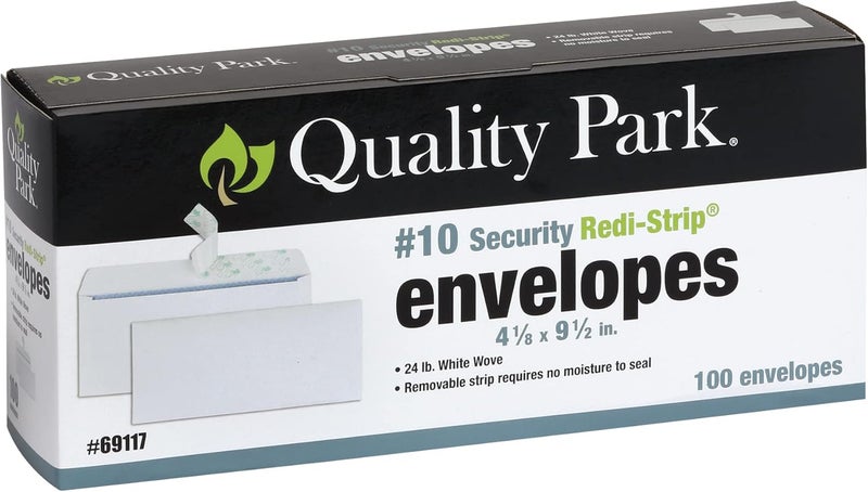 Quality Park #10 Security Envelopes, No Window, Redi-Strip Self Seal Envelopes, 24-lb White Wove, 4-1/8" x 9-1/2", 100 per Box (QUA69117) - Image 1