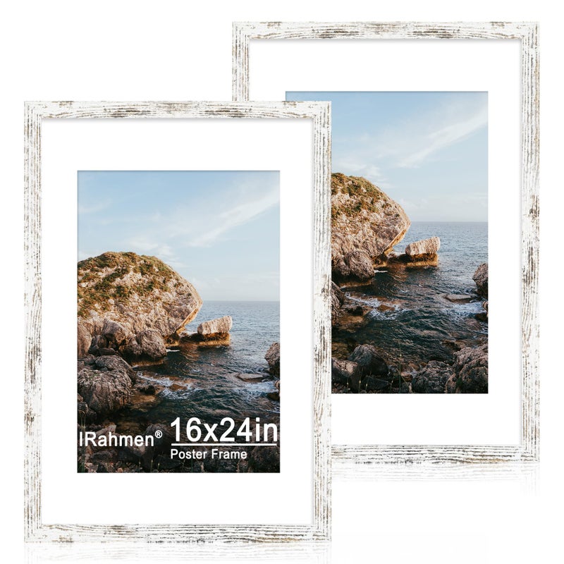 iRahmen 16x24 Picture Frame Set of 2 with Plexiglass, Distressed White Poster Frame Display 12x18 Picture with Mat or 16 x 24 Without Mat, Wood Photo Frame for Gallery Wall Mounting - Image 1