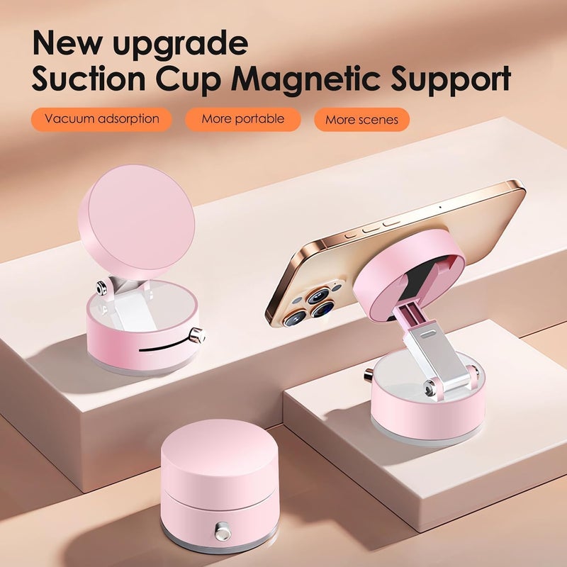 Azonee Vacuum Suction Magnetic Car Phone Holder, 360° Rotatable & Folding Phone Mount with Strong Grip, Hands-Free Use in Car, Gym, Home, for Magsafe Phones & Android (Pink, Includes 2 Magnet Rings) - Image 2