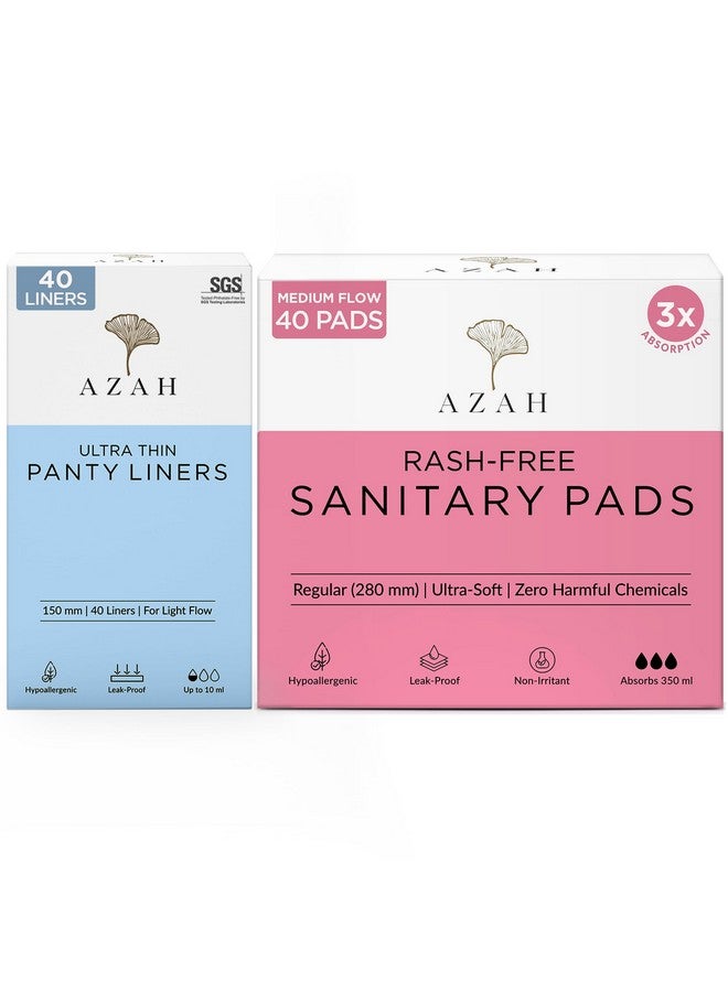 AZAH Azah Rash free Sanitary pads + Ultra soft panty liners | Sanitary combo pack for women | Pack of 40 - All Regular (without disposable bags) organic cotton pads and 40 liners | Made Safe Certified - Image 1