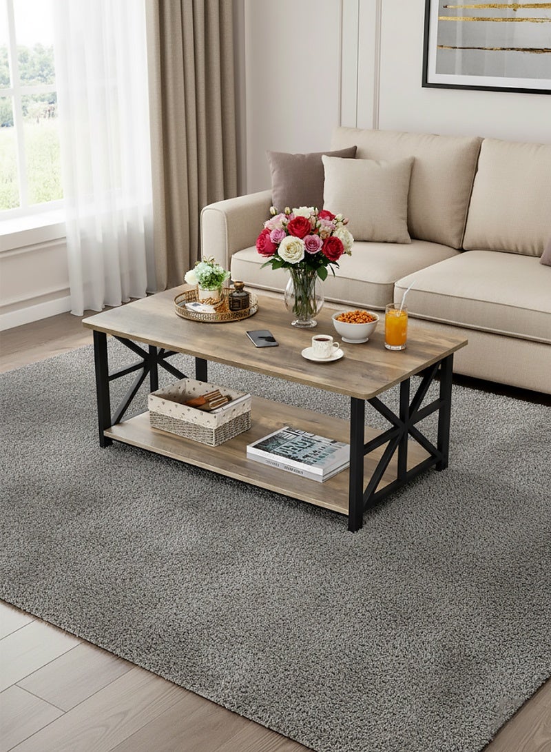AGD Rectangular Center Table for Living Room, Two-Tier Coffee Table, Rustic Design and Storage Space 100x52x47.5 cm/ gray - Image 1