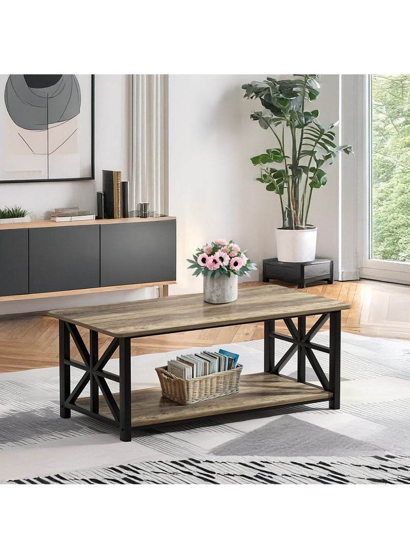 AGD Rectangular Center Table for Living Room, Two-Tier Coffee Table, Rustic Design and Storage Space 100x52x47.5 cm/ gray - Image 4