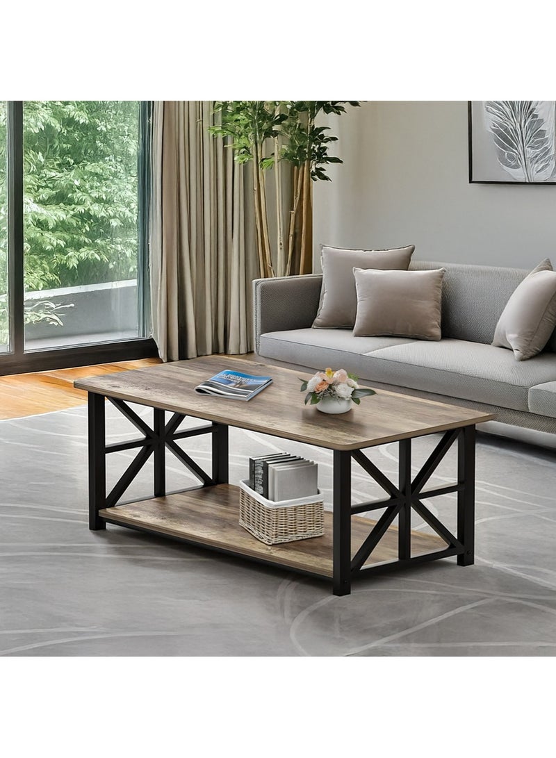 AGD Rectangular Center Table for Living Room, Two-Tier Coffee Table, Rustic Design and Storage Space 100x52x47.5 cm/ gray - Image 2