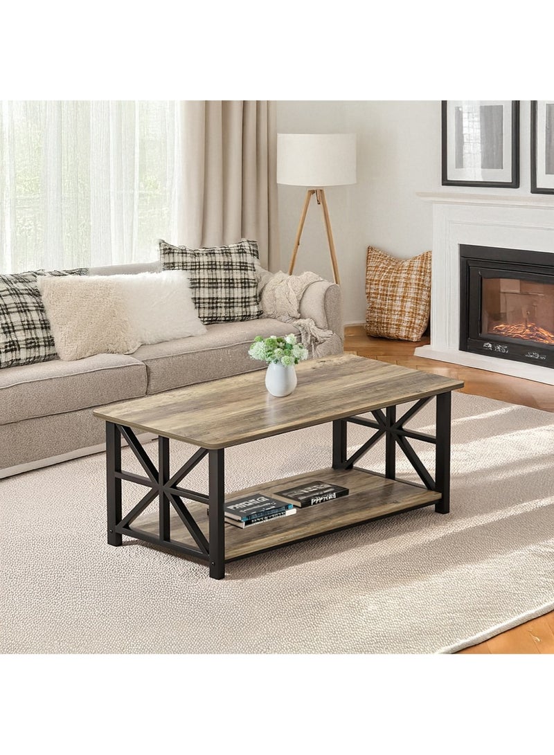 AGD Rectangular Center Table for Living Room, Two-Tier Coffee Table, Rustic Design and Storage Space 100x52x47.5 cm/ gray - Image 3