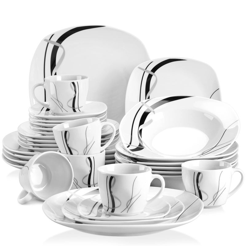 VEWEET Series Fiona 30Piece Dinnerware Sets for 6 White Dishes Set with Black and Gray Stripes Porcelain Dinner Set Including Dessert Plates Soup Plates Dinner Plates Cups  Saucers