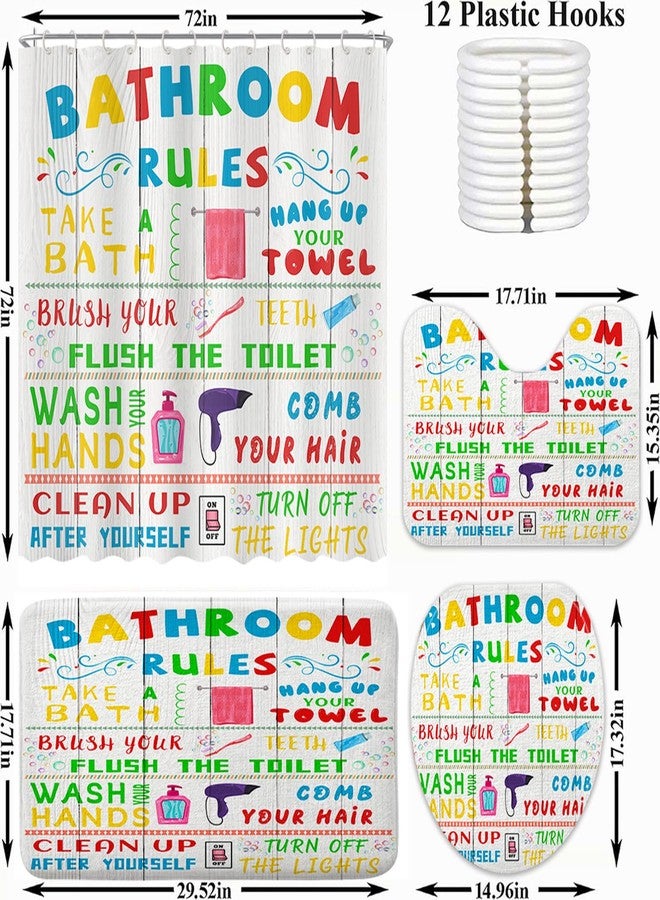 Pinpai 4 Pcs Kids Shower Curtain Sets, Funny Teen Boy Girl Bathroom Sets with Non-Slip Rugs and Accessories, Cute Colorful Bathroom Rules Fabric Toilet Lid Cover and Bath Mat, Shower Curtain with 12 Hooks. - Image 2