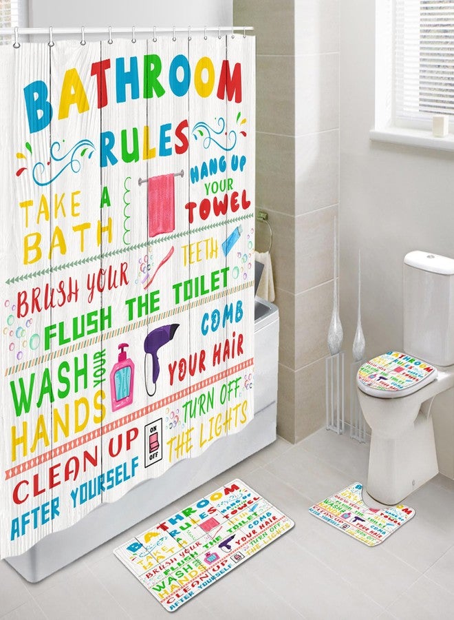 Pinpai 4 Pcs Kids Shower Curtain Sets, Funny Teen Boy Girl Bathroom Sets with Non-Slip Rugs and Accessories, Cute Colorful Bathroom Rules Fabric Toilet Lid Cover and Bath Mat, Shower Curtain with 12 Hooks. - Image 4