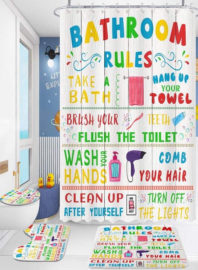 Pinpai 4 Pcs Kids Shower Curtain Sets, Funny Teen Boy Girl Bathroom Sets with Non-Slip Rugs and Accessories, Cute Colorful Bathroom Rules Fabric Toilet Lid Cover and Bath Mat, Shower Curtain with 12 Hooks. - Image 1
