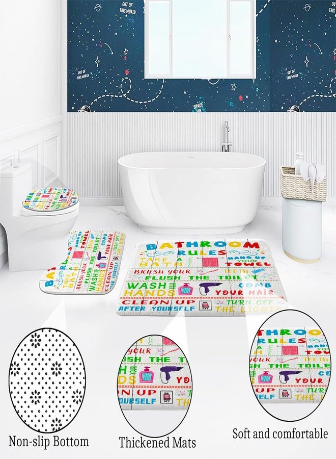 Pinpai 4 Pcs Kids Shower Curtain Sets, Funny Teen Boy Girl Bathroom Sets with Non-Slip Rugs and Accessories, Cute Colorful Bathroom Rules Fabric Toilet Lid Cover and Bath Mat, Shower Curtain with 12 Hooks. - Image 3