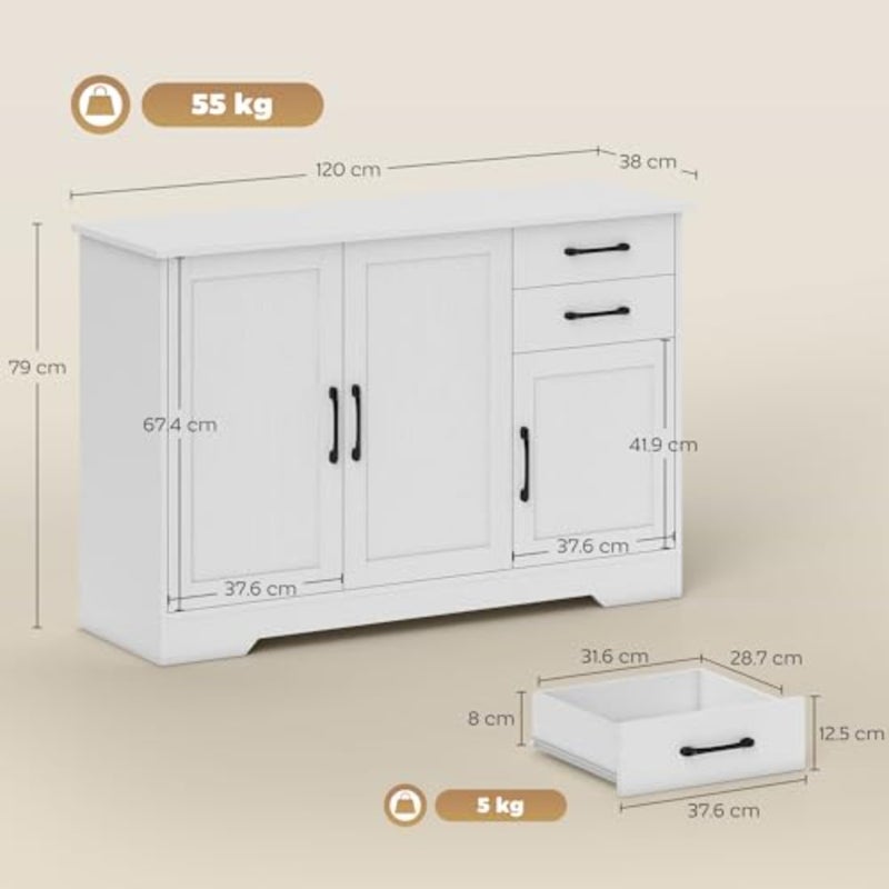 Sideboard with Soft-Close Doors, Modern Storage Cabinet, Kitchen Cupboard with 2 Drawers, Adjustable Shelf and 3 Doors for Dining Room, Living Room - Image 3