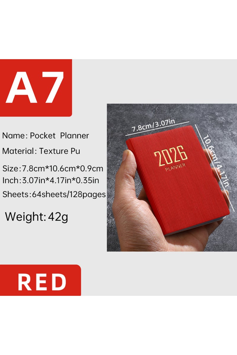 إيروريكس دفتر تخطيط A7 أحمر اللون، بمواصفات A7 لعام 2026، باللغة الإنجليزية، دفتر تخطيط يومي صغير محمول، 64 ورقة