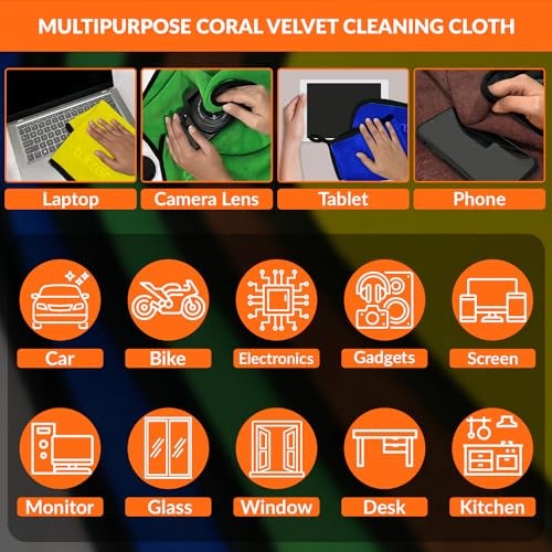 Tukzer Multi-Purpose Coral Velvet Microfiber Cloth - 4 pcs 35X75 cms 500 GSM Cleaning Kit Cloth for Laptop, Monitor, Camera Lens, Binoculars, TV Projector, Electronics (Multi-Color) - Image 5