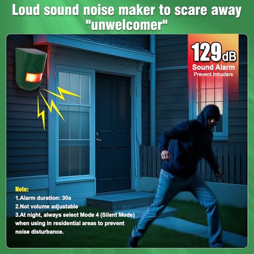 ChunHee Solar Motion Sensor Alarm Outdoor 4 Working Mode Motion Activated Alarm 129dB Loud Sound Noise Maker IP65 Waterproof Motion Detector with Strobe Light for Yard Farm Garden 2PC - Image 4