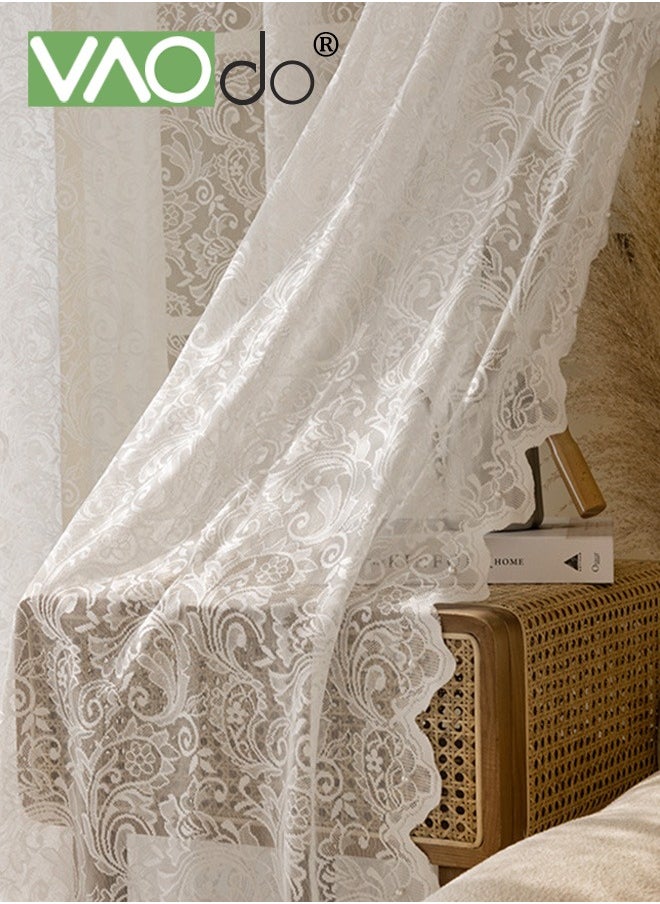 VAOdo 2PCS Vintage Lace Curtains Tulle Branch Floral Embroidery Lace Sheer Curtains for Living Room Scalloped Lace Curtain Panels for Windows  - Image 1
