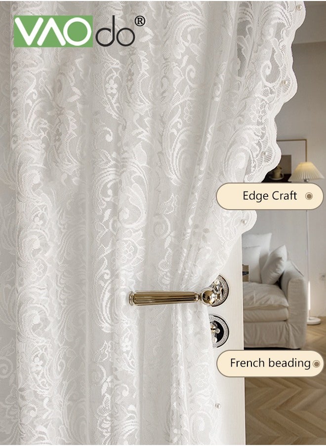 VAOdo 2PCS Vintage Lace Curtains Tulle Branch Floral Embroidery Lace Sheer Curtains for Living Room Scalloped Lace Curtain Panels for Windows  - Image 2