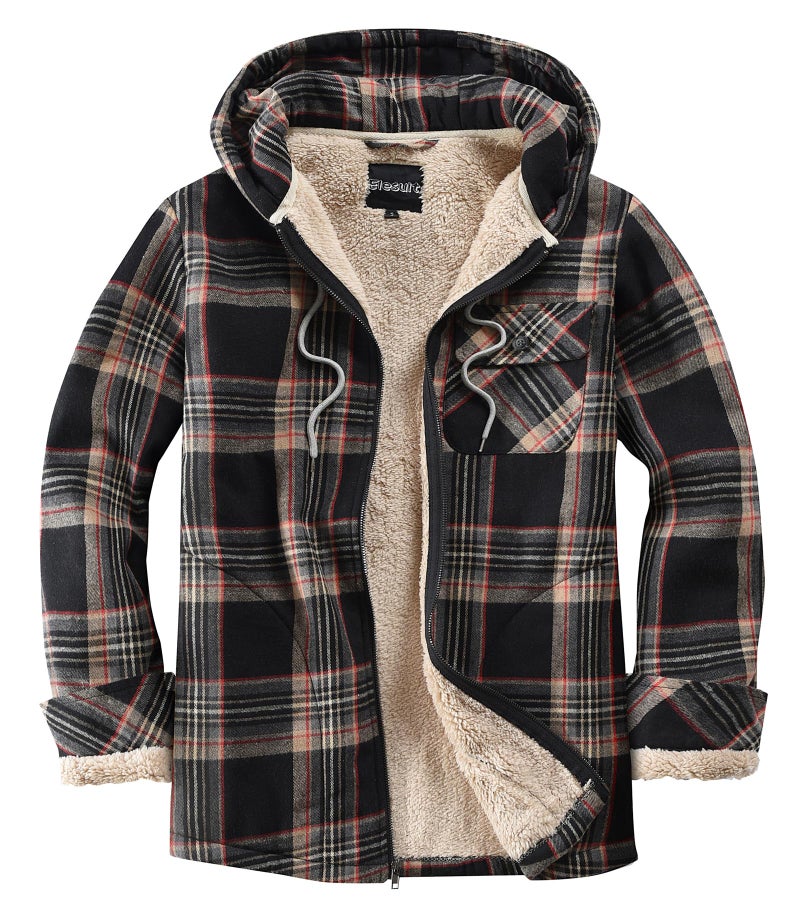 Elesuit Men's Full Zip Fleece Flannel Jackets Shirt Plaid Cotton Hoodies Soft Warm Coat for Men with Hood Red Large - Image 1