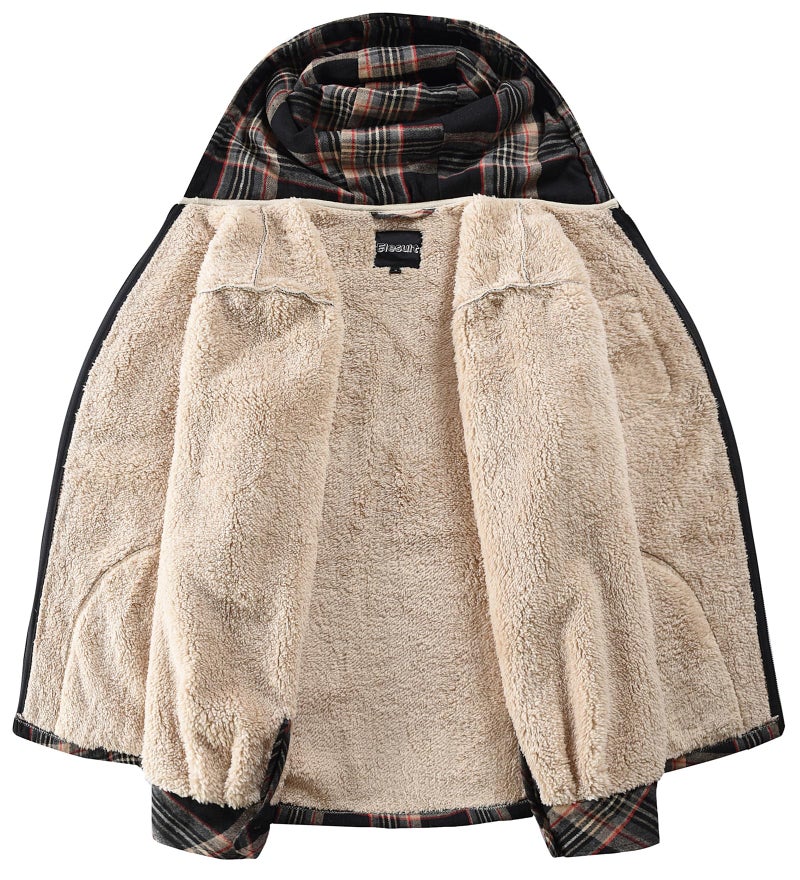 Elesuit Men's Full Zip Fleece Flannel Jackets Shirt Plaid Cotton Hoodies Soft Warm Coat for Men with Hood Red Large - Image 3