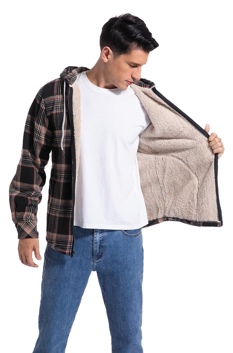 Elesuit Men's Full Zip Fleece Flannel Jackets Shirt Plaid Cotton Hoodies Soft Warm Coat for Men with Hood Red Large - Image 4